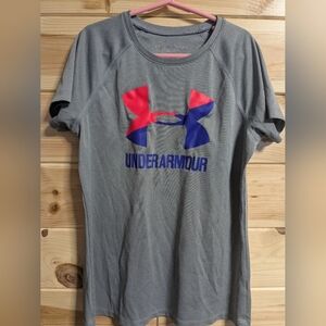 Under Armour Heat Gear Youth Large Tshirt Gray Multicolor Logo Athletic Sport
